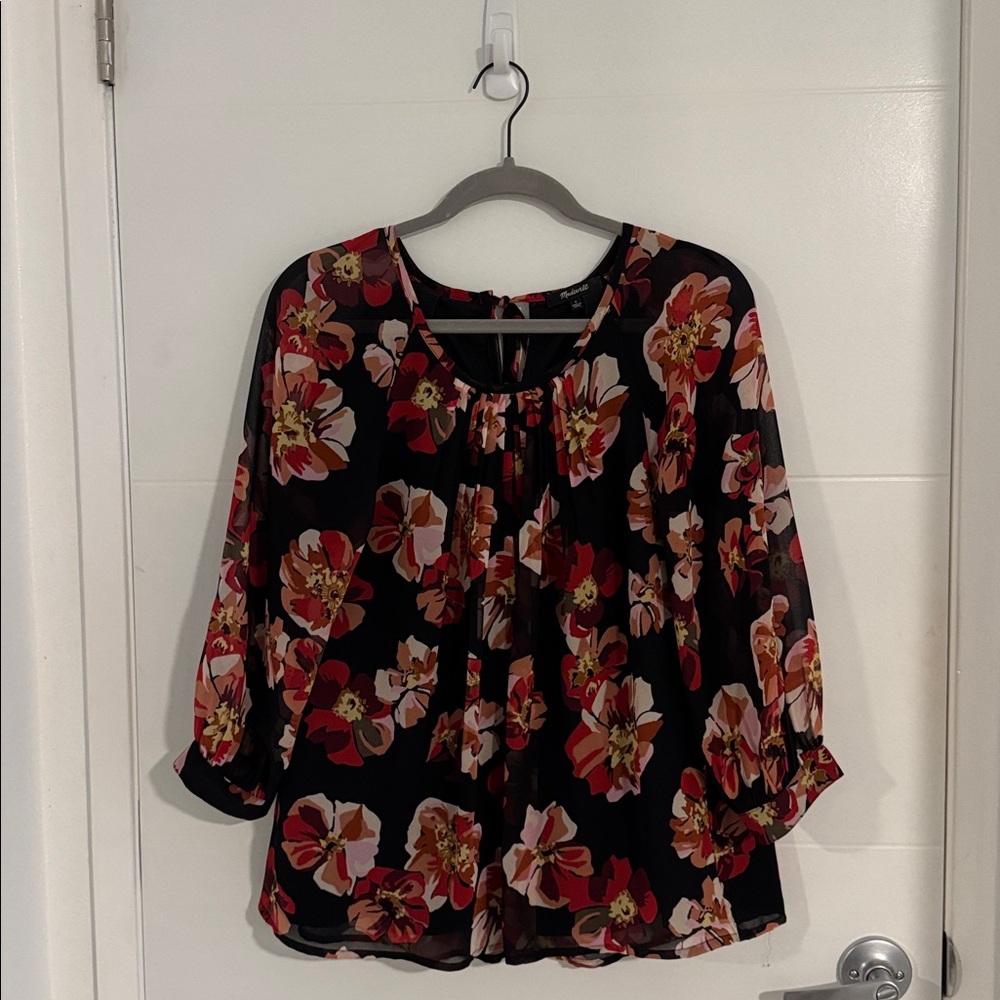 Madewell Black Blouse with Red and Pink Floral Design